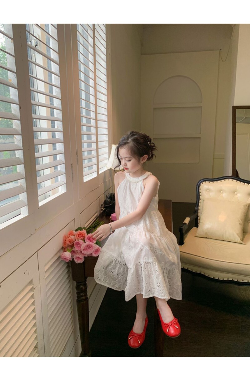 Tüdrukute valge printsesskleit 2023. aasta suvine uus laste beebi esmaklassiline pikk kleit, pühadeaegses stiilis kleit, aastane tüdrukute rihmakleit