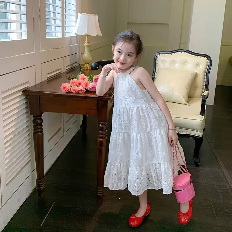 Tüdrukute valge printsesskleit 2023. aasta suvine uus laste beebi esmaklassiline pikk kleit, pühadeaegses stiilis kleit, aastane tüdrukute rihmakleit
