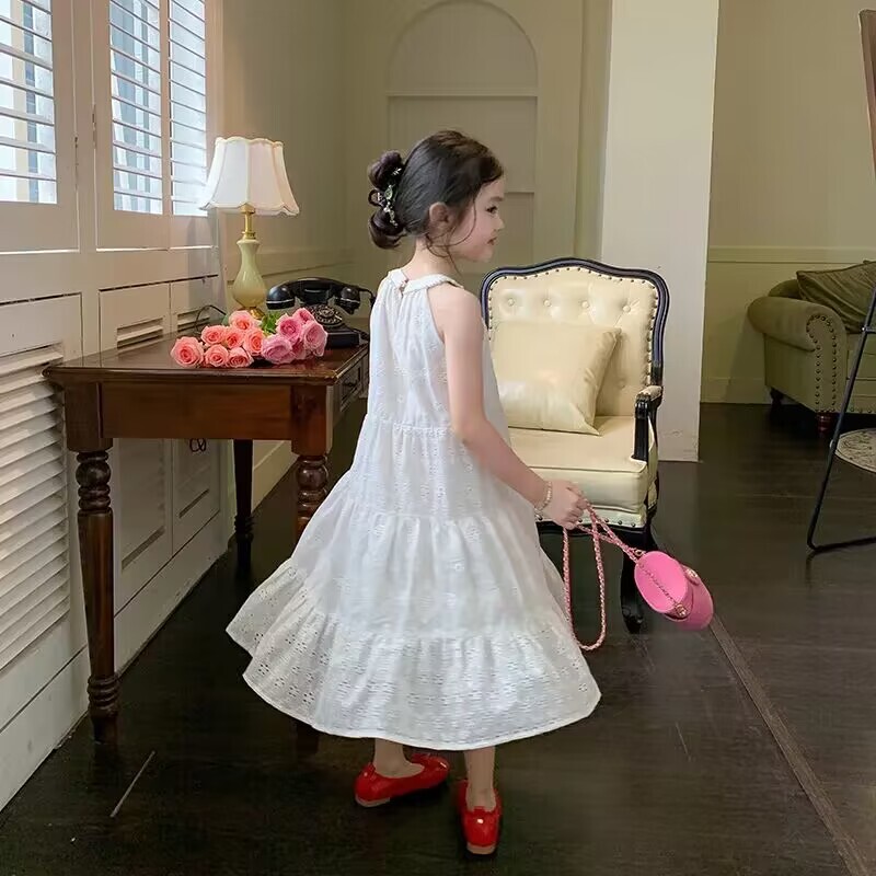Tüdrukute valge printsesskleit 2023. aasta suvine uus laste beebi esmaklassiline pikk kleit, pühadeaegses stiilis kleit, aastane tüdrukute rihmakleit