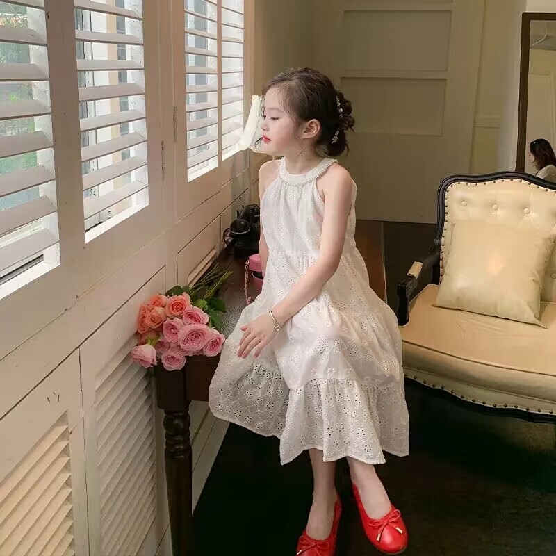 Tüdrukute valge printsesskleit 2023. aasta suvine uus laste beebi esmaklassiline pikk kleit, pühadeaegses stiilis kleit, aastane tüdrukute rihmakleit