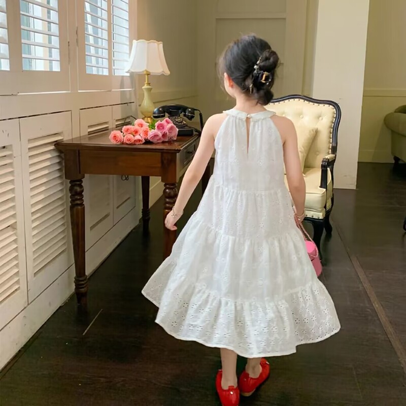 Tüdrukute valge printsesskleit 2023. aasta suvine uus laste beebi esmaklassiline pikk kleit, pühadeaegses stiilis kleit, aastane tüdrukute rihmakleit