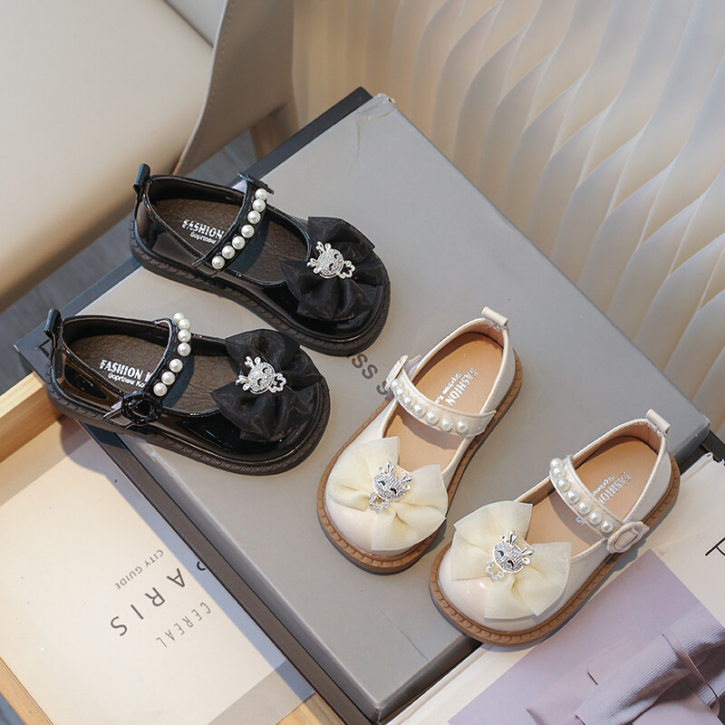 Обувки за момичета 2-12 години Бежови анимационни панделка Перлени обувки Бебешки обувки Mary Jane Черно меко дъно Неплъзгащи се детски бебешки сандали