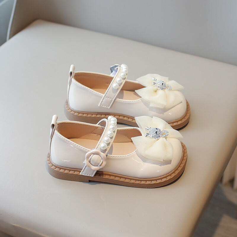 Обувки за момичета 2-12 години Бежови анимационни панделка Перлени обувки Бебешки обувки Mary Jane Черно меко дъно Неплъзгащи се детски бебешки сандали