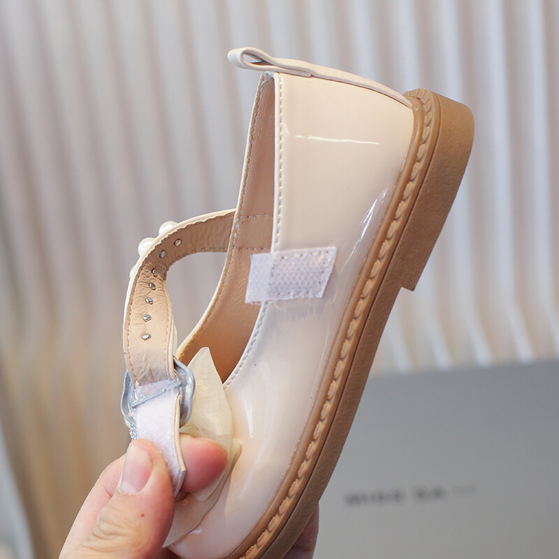 Обувки за момичета 2-12 години Бежови анимационни панделка Перлени обувки Бебешки обувки Mary Jane Черно меко дъно Неплъзгащи се детски бебешки сандали