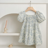 Noi haine de vară pentru fetițe Rochii de prințesă cu mâneci bufante, flori albastre, copii mici, vacanță, rochie drăguță din bumbac în stil coreean