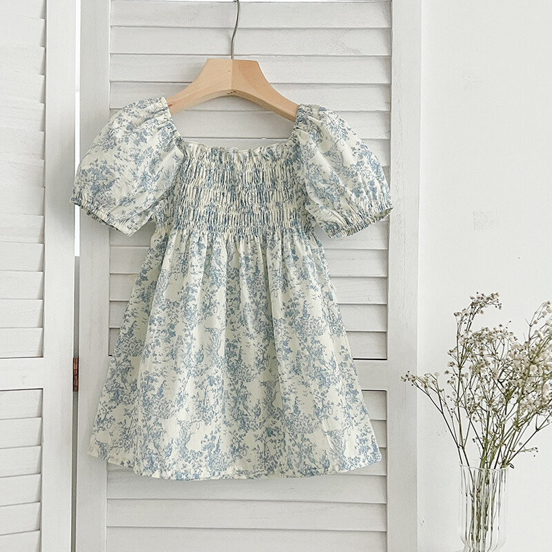 Noi haine de vară pentru fetițe Rochii de prințesă cu mâneci bufante, flori albastre, copii mici, vacanță, rochie drăguță din bumbac în stil coreean