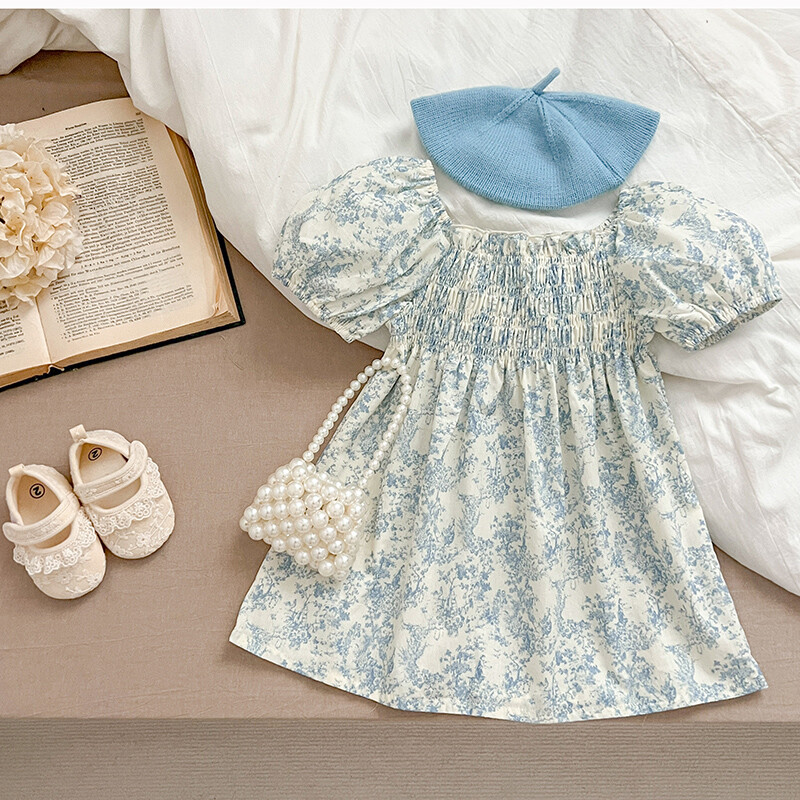 Noi haine de vară pentru fetițe Rochii de prințesă cu mâneci bufante, flori albastre, copii mici, vacanță, rochie drăguță din bumbac în stil coreean