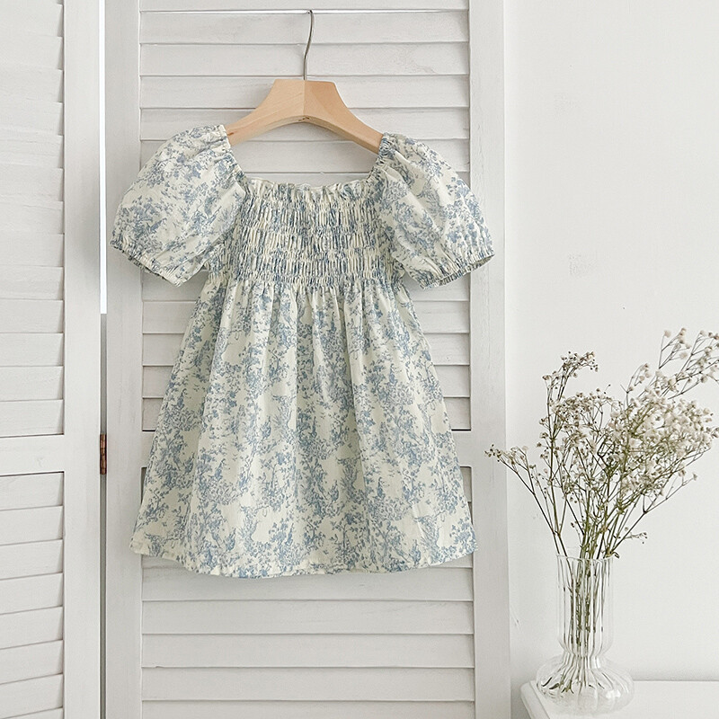 Noi haine de vară pentru fetițe Rochii de prințesă cu mâneci bufante, flori albastre, copii mici, vacanță, rochie drăguță din bumbac în stil coreean