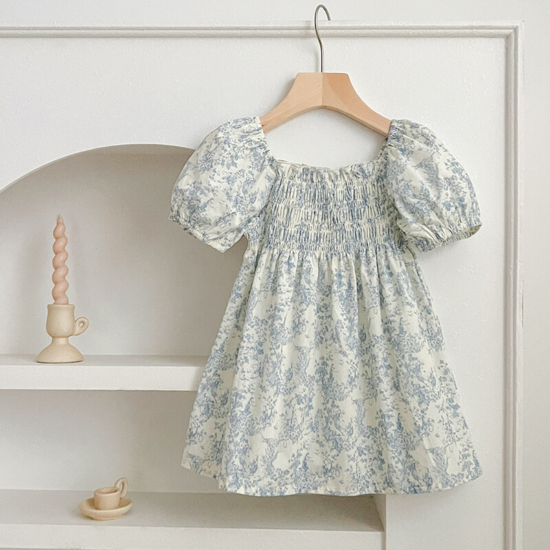 Noi haine de vară pentru fetițe Rochii de prințesă cu mâneci bufante, flori albastre, copii mici, vacanță, rochie drăguță din bumbac în stil coreean