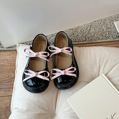 Mary Janes de primăvară pentru fetiță, cu fundă neagră, pantofi eleganti din piele pentru copii, cu vârf rotund, frumoși șic, pantofi plat pentru copii26-36