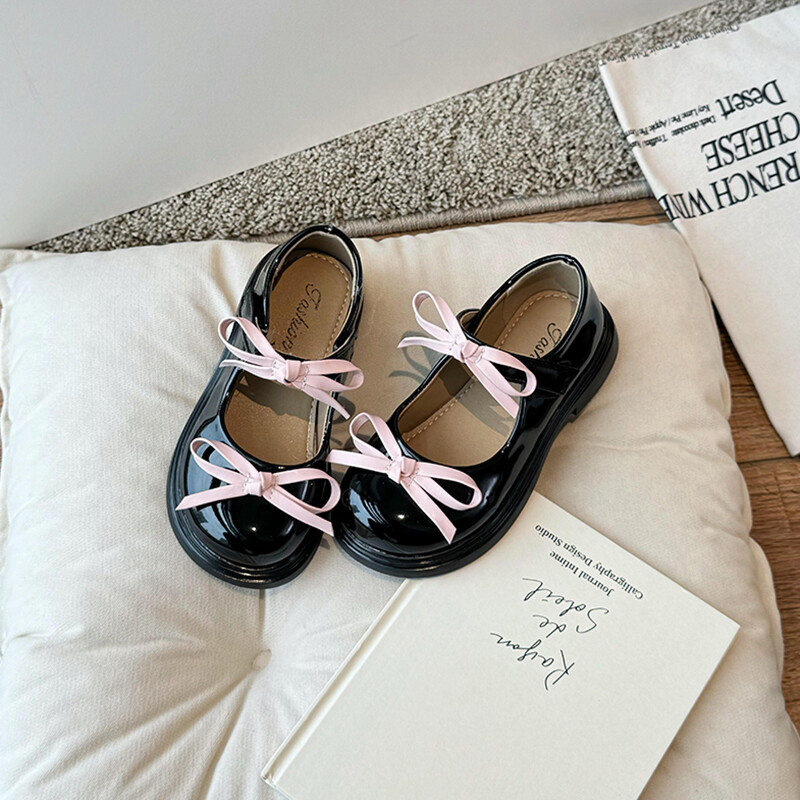 Mary Janes de primăvară pentru fetiță, cu fundă neagră, pantofi eleganti din piele pentru copii, cu vârf rotund, frumoși șic, pantofi plat pentru copii26-36