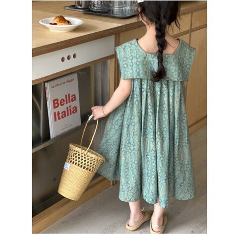 Rochie de vară fete 2024 Noua rochie de prințesă cu flori fragmentate ediția coreeană rochie drăguță de vară verde pentru fete