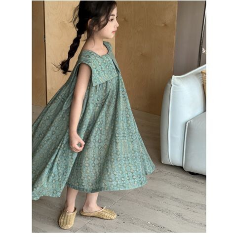 Rochie de vară fete 2024 Noua rochie de prințesă cu flori fragmentate ediția coreeană rochie drăguță de vară verde pentru fete