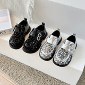 Luksuzne kožne cipele za djevojčice, šljokice, crne, crne, ravne cipele za djecu, elegantne jesenske cipele s platformom, 26-36.