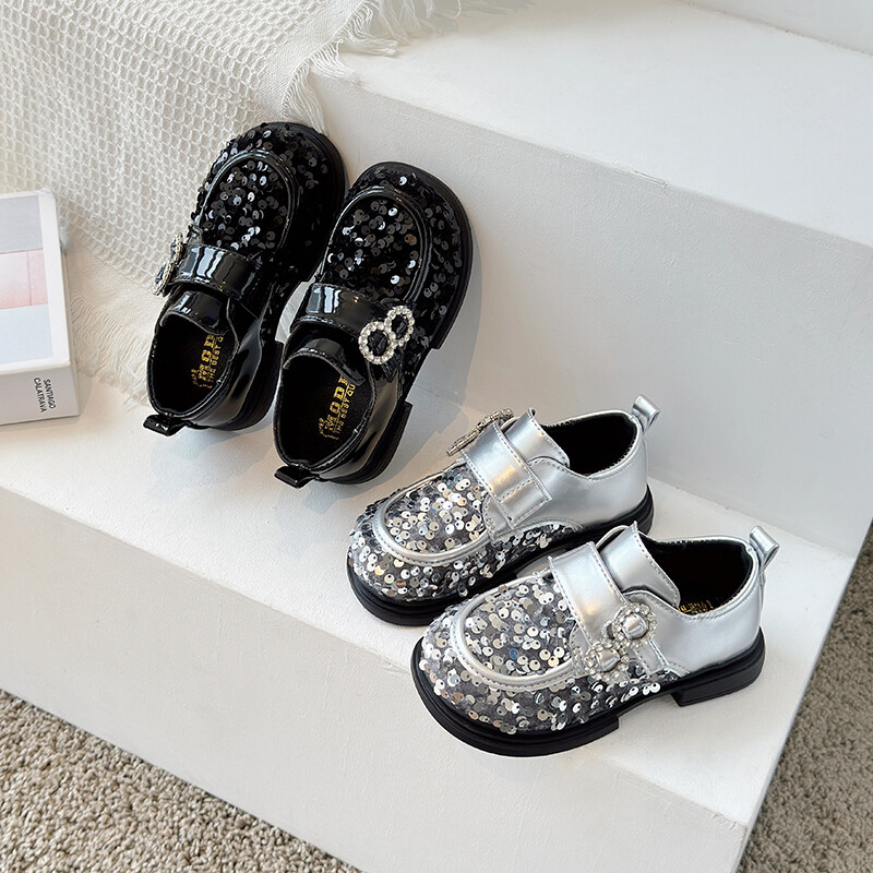 Luksuzne kožne cipele za djevojčice, šljokice, crne, crne, ravne cipele za djecu, elegantne jesenske cipele s platformom, 26-36.
