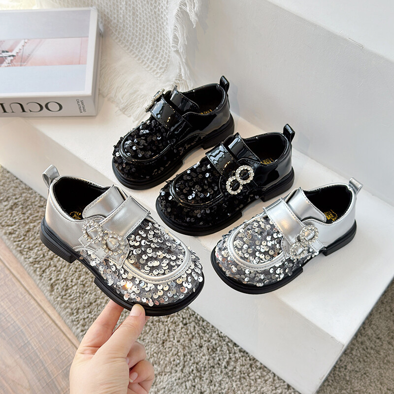 Luksuzne kožne cipele za djevojčice, šljokice, crne, crne, ravne cipele za djecu, elegantne jesenske cipele s platformom, 26-36.