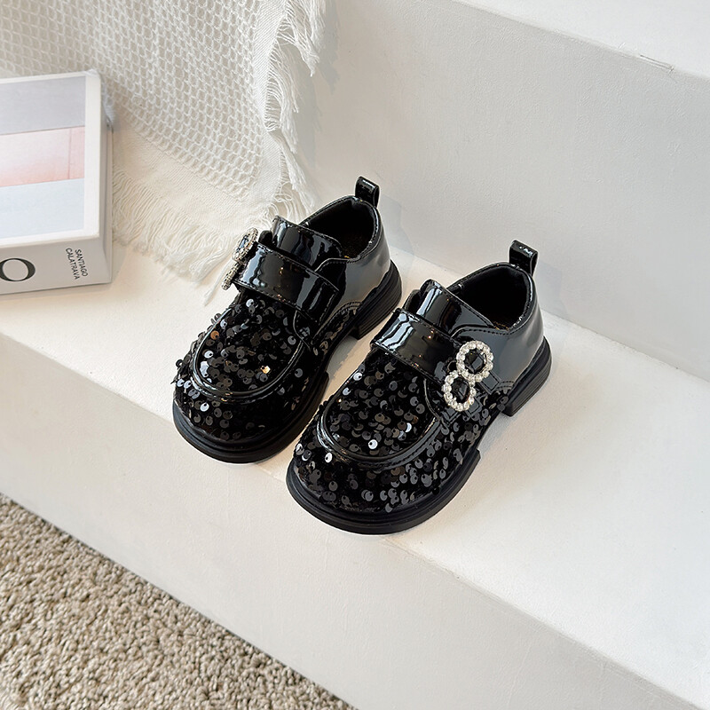 Luksuzne kožne cipele za djevojčice, šljokice, crne, crne, ravne cipele za djecu, elegantne jesenske cipele s platformom, 26-36.