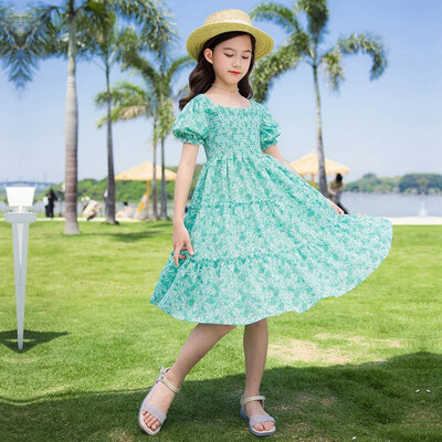 Nova ljetna haljina za djevojčice Zelene ružičaste haljine za plažu za djevojčice Boemske dječje haljine Ljetna odjeća za tinejdžerice s cvjetnim uzorkom 8 10 12 14 godina