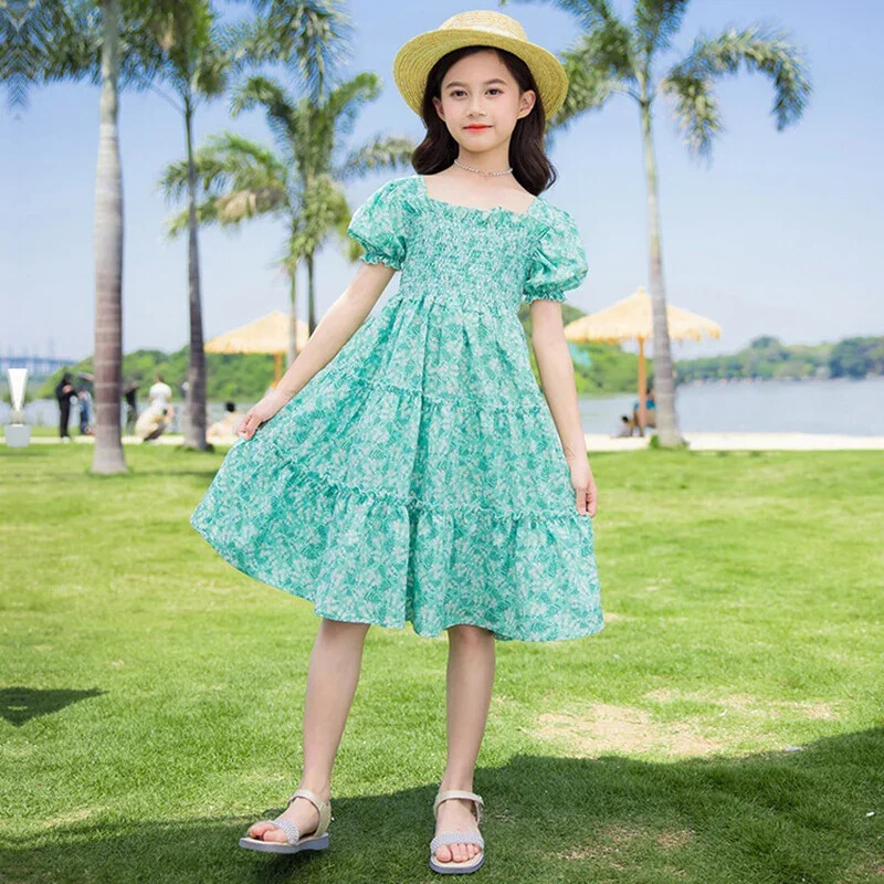 Nova ljetna haljina za djevojčice Zelene ružičaste haljine za plažu za djevojčice Boemske dječje haljine Ljetna odjeća za tinejdžerice s cvjetnim uzorkom 8 10 12 14 godina