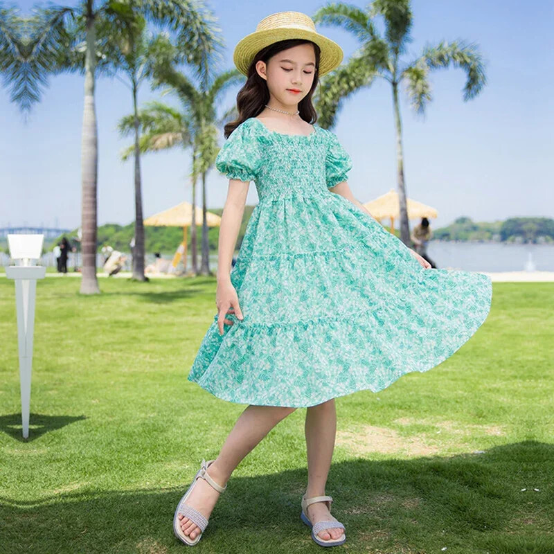 Nova ljetna haljina za djevojčice Zelene ružičaste haljine za plažu za djevojčice Boemske dječje haljine Ljetna odjeća za tinejdžerice s cvjetnim uzorkom 8 10 12 14 godina