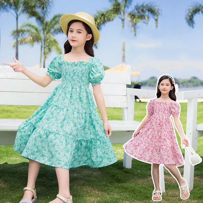 Nova ljetna haljina za djevojčice Zelene ružičaste haljine za plažu za djevojčice Boemske dječje haljine Ljetna odjeća za tinejdžerice s cvjetnim uzorkom 8 10 12 14 godina