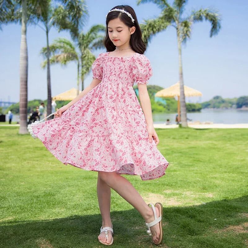 Nova ljetna haljina za djevojčice Zelene ružičaste haljine za plažu za djevojčice Boemske dječje haljine Ljetna odjeća za tinejdžerice s cvjetnim uzorkom 8 10 12 14 godina