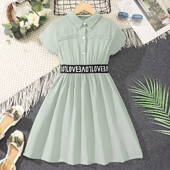 2024. aasta suvekleit laste tüdrukute riided 8 9 10 aastat vana lühikeste varrukatega, rohelise kirjaga laste printsessikleit vabaaja mood kleidid