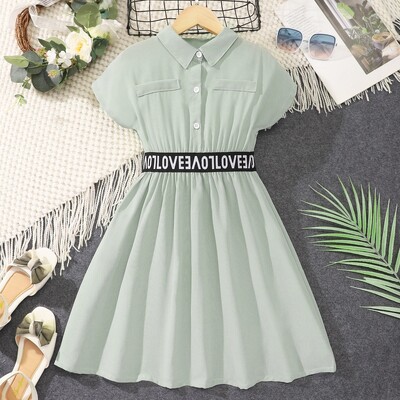 2024. aasta suvekleit laste tüdrukute riided 8 9 10 aastat vana lühikeste varrukatega, rohelise kirjaga laste printsessikleit vabaaja mood kleidid