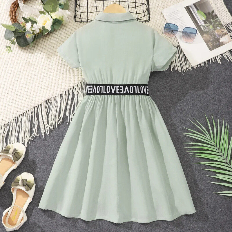 2024. aasta suvekleit laste tüdrukute riided 8 9 10 aastat vana lühikeste varrukatega, rohelise kirjaga laste printsessikleit vabaaja mood kleidid