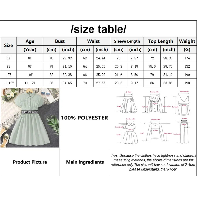2024. aasta suvekleit laste tüdrukute riided 8 9 10 aastat vana lühikeste varrukatega, rohelise kirjaga laste printsessikleit vabaaja mood kleidid