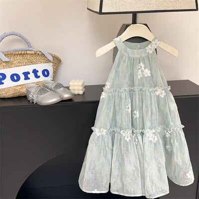 Îmbrăcăminte pentru copii Rochie pentru fete 2024 Noua vară pentru copii Rochie la modă cu flori pentru fete Temperament Fusta lungă verde deschis
