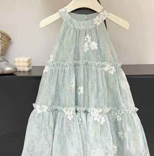 Îmbrăcăminte pentru copii Rochie pentru fete 2024 Noua vară pentru copii Rochie la modă cu flori pentru fete Temperament Fusta lungă verde deschis