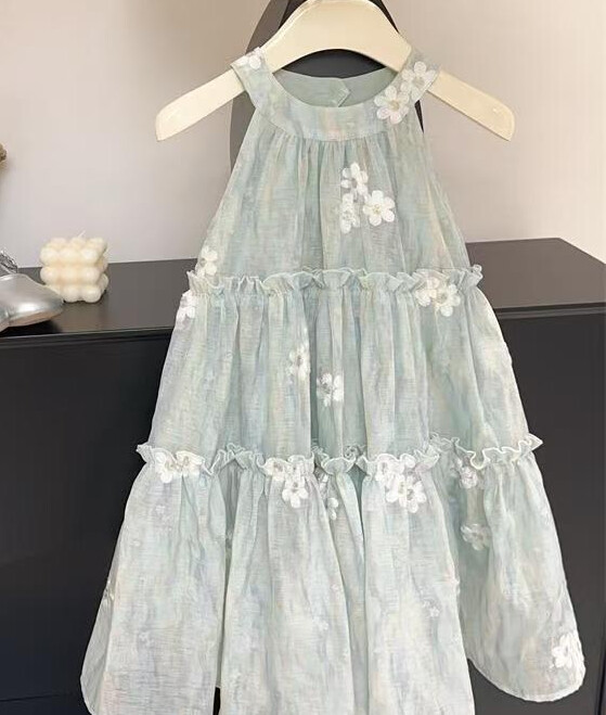 Îmbrăcăminte pentru copii Rochie pentru fete 2024 Noua vară pentru copii Rochie la modă cu flori pentru fete Temperament Fusta lungă verde deschis