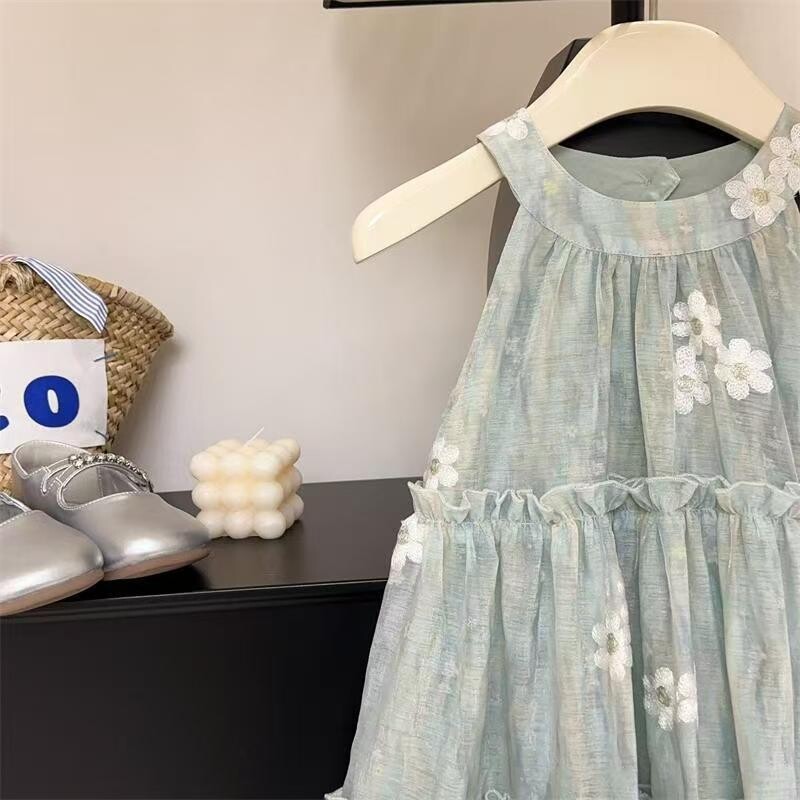 Îmbrăcăminte pentru copii Rochie pentru fete 2024 Noua vară pentru copii Rochie la modă cu flori pentru fete Temperament Fusta lungă verde deschis