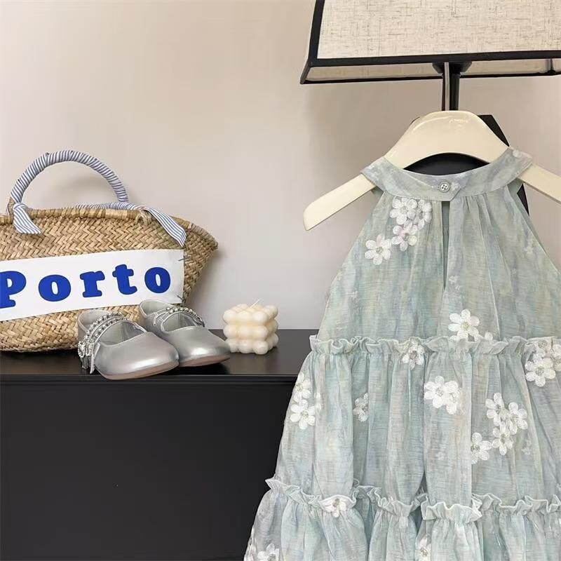 Îmbrăcăminte pentru copii Rochie pentru fete 2024 Noua vară pentru copii Rochie la modă cu flori pentru fete Temperament Fusta lungă verde deschis