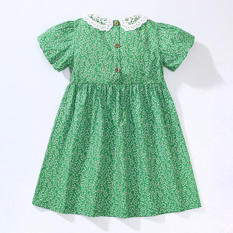 Little maven Детски дрехи Детски дрехи Бебешки момичета 2024 Лято принцеса Рожден ден Зелена рокля с отложна яка от памук