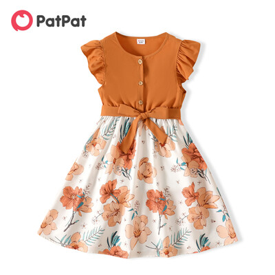 PatPat Girl Rochie pentru copii Rochii pentru fete pentru petreceri foarte elegante, cu volane, imprimeu floral, îmbrăcăminte cu centură, cu mâneci fluturate, haine pentru fete