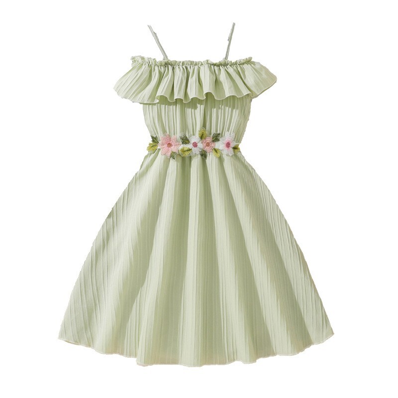 Detské šaty pre dievčatá vo veku 5-10 rokov, zelené šaty s ramienkami, krásny štýl, narodeninová párty, letná plážová dovolenka, denné oblečenie