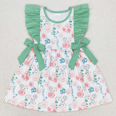 Μπουτίκ παιδικό φόρεμα για κορίτσια Πράσινο φιόγκοι Φορέματα με βολάν μέχρι το γόνατο Χονδρικό παιδικό φόρεμα για κορίτσια με κοντό μανίκι Παιδική στολή