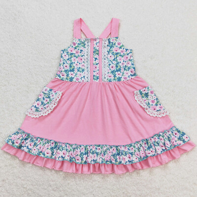 Reducere caldă rochie pentru fetițe roz, verzi, flori, funde cu volan, rochii până la genunchi, rochie de vară pentru copii mici, haine pentru copii