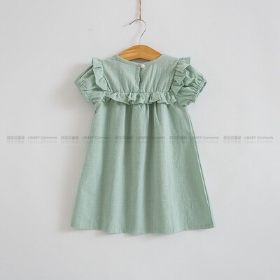 Ljetne haljine od mješavine pamuka i lana za djevojčice 2024. Zelene haljine kratkih rukava za djecu 2 3 4 5 6 7 godina Odjeća za djecu