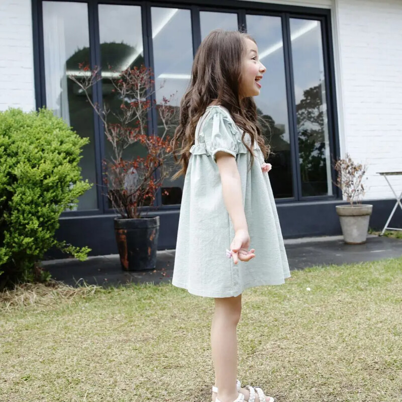 Ljetne haljine od mješavine pamuka i lana za djevojčice 2024. Zelene haljine kratkih rukava za djecu 2 3 4 5 6 7 godina Odjeća za djecu