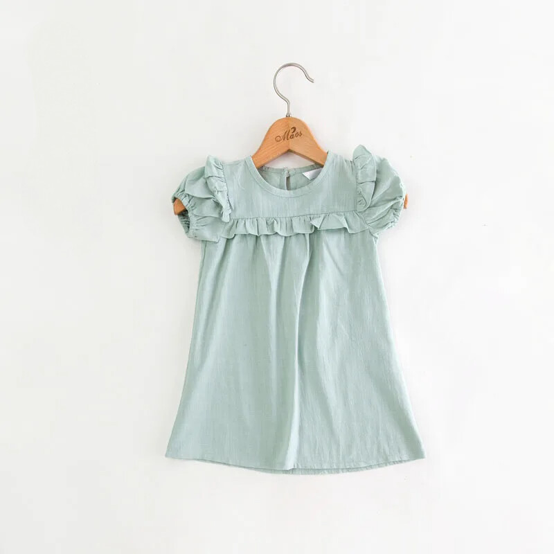 Ljetne haljine od mješavine pamuka i lana za djevojčice 2024. Zelene haljine kratkih rukava za djecu 2 3 4 5 6 7 godina Odjeća za djecu