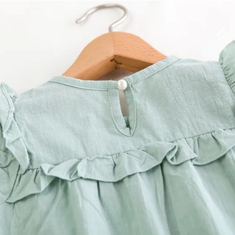 Ljetne haljine od mješavine pamuka i lana za djevojčice 2024. Zelene haljine kratkih rukava za djecu 2 3 4 5 6 7 godina Odjeća za djecu