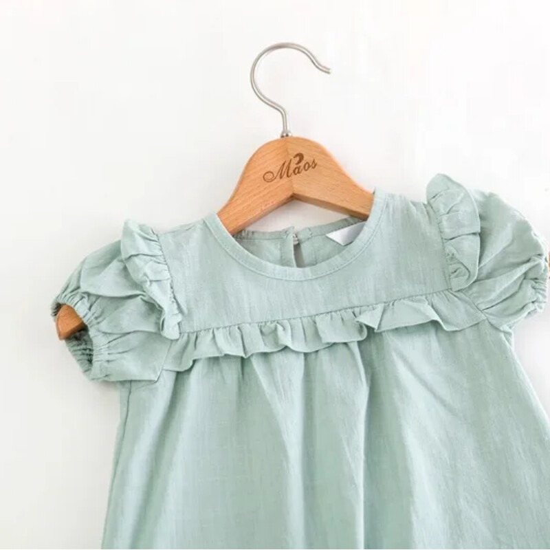 Ljetne haljine od mješavine pamuka i lana za djevojčice 2024. Zelene haljine kratkih rukava za djecu 2 3 4 5 6 7 godina Odjeća za djecu