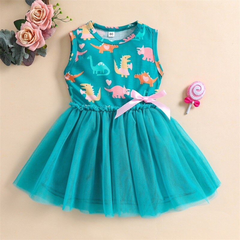 Rochie ocazională de vară pentru fete noi, imprimeu din tifon, gât rotund, fără mâneci, modă pentru copii 1-6 ani, roz verde