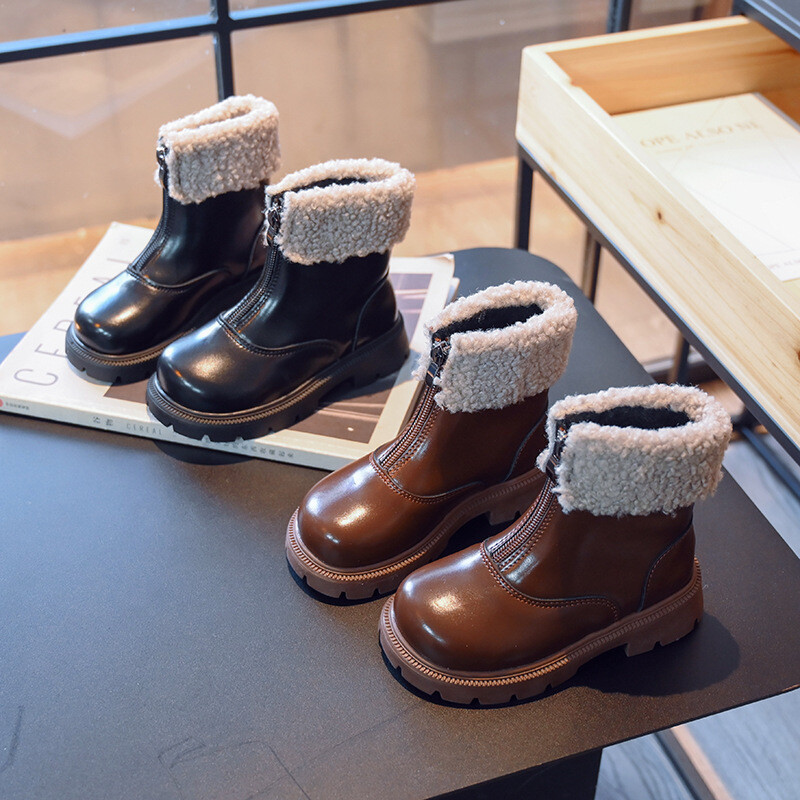 Laste talvesaapad, ühevärvilised platvormi ees tõmblukk Laste saapad sääre keskel, mood 26-36 must pruun unisex poiste tüdrukute kingad