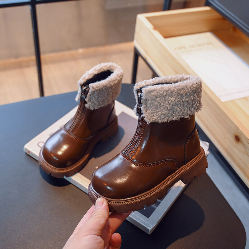 Laste talvesaapad, ühevärvilised platvormi ees tõmblukk Laste saapad sääre keskel, mood 26-36 must pruun unisex poiste tüdrukute kingad