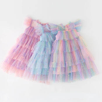 Κοριτσίστικα τούλι Super Fairy Princess Dresses Fly Sleeve Rainbow Star Sequined Cake Dress Children Mesh Puffy Birthday Party Vestidos