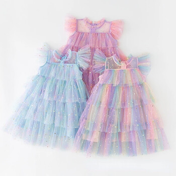 Κοριτσίστικα τούλι Super Fairy Princess Dresses Fly Sleeve Rainbow Star Sequined Cake Dress Children Mesh Puffy Birthday Party Vestidos